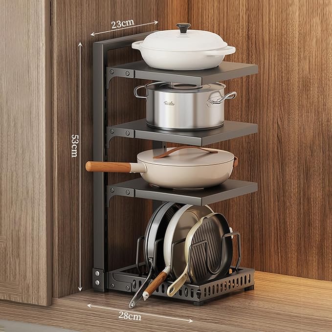 Dxcaicc Adjustable Pot Organizer Rack for Under Cabinet, Heavy Duty Storage Holder for Pots, Pans, and Lids, Space-Saving Kitchen Shelf Organizer,Black,Fourth Layer