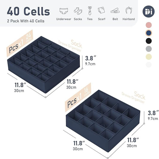 Joyoldelf Sock Drawer Organizer Divider 2 Packs Underwear Organizer, 24 Cell + 16 Cell Closet Organizers and Storage Sock Holders Organizers for Storing Socks, Handkerchiefs, Ties, Belts (Navy Blue)