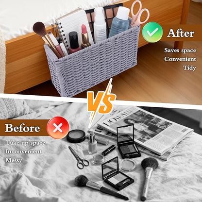 Cotton Rope Woven Bedside Caddy for Dorm Bed, Foldable Bedside Shelf Bunk Bed Accessories, College Dorm Room Essentials Hanging Organizers Storage Basket, Room Decor Magazine File Holder (Black)