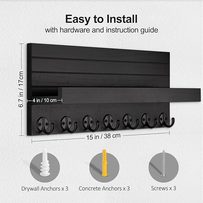 Key Holder Wall Mount, Entryway Key and Mail Holder with 7 Sturdy Hooks for Sunglasses, Dog Leash, Decorative Wall Shelf with Mounting Hardware, 15”W x 6.7”H x 4.2”D