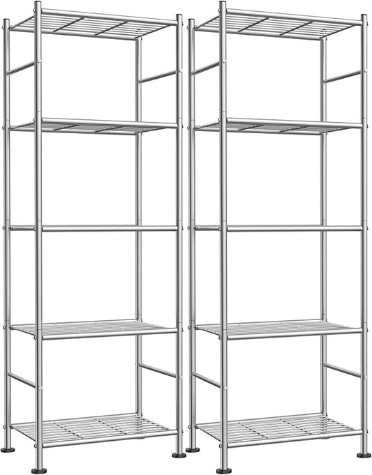 Storage Shelves - Set of 2, 5-Tier Metal Shelf Organizer, Space-Saving Garage Shelving with Leveling Feet, Standing Shelves Organizer for Kitchen, Laundry, Pantry (18.4"x12.6"x57.4", Silver)