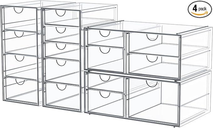 caktraie Makeup Organizer Storage with 16 Drawers, 4 Pcs Desktop Office Supplies, Desk Organizers, Clear Accessories, Dustproof Storage Drawer and for Make Up, Jewelry, Pen, Stationary