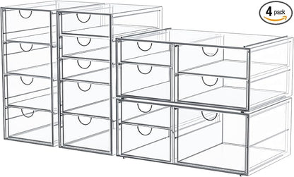 caktraie Makeup Organizer Storage with 16 Drawers, 4 Pcs Desktop Office Supplies, Desk Organizers, Clear Accessories, Dustproof Storage Drawer and for Make Up, Jewelry, Pen, Stationary