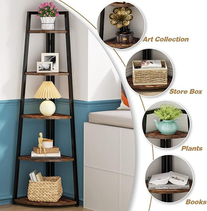 Tribesigns 5 Tier Corner Bookshelf and Bookcase, 70 inch Tall Corner Shelves Standing Shelving Unit Indoor Plant Stand for Living Room, Kitchen, Home Office (Brown)