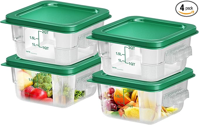 FeyBuosk 4 pcs 2qt Food Storage Containers with Lid, Square Clear Commercial Food Storage Containers with Handle and Scale for Food Storage in Home Kitchen & Dining (Rreen)