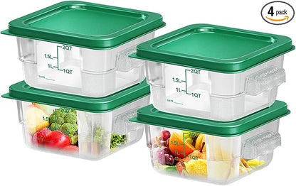 FeyBuosk 4 pcs 2qt Food Storage Containers with Lid, Square Clear Commercial Food Storage Containers with Handle and Scale for Food Storage in Home Kitchen & Dining (Rreen)