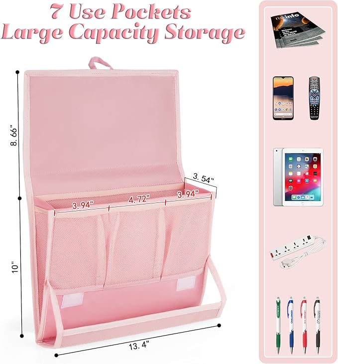 Retyion Bedside Caddy Bedside Storage Organizer Bedside Organizer with Power Strip Holder and 2 Adjustable Straps for Home Bunk Bed Dorm Sofa (Pink)