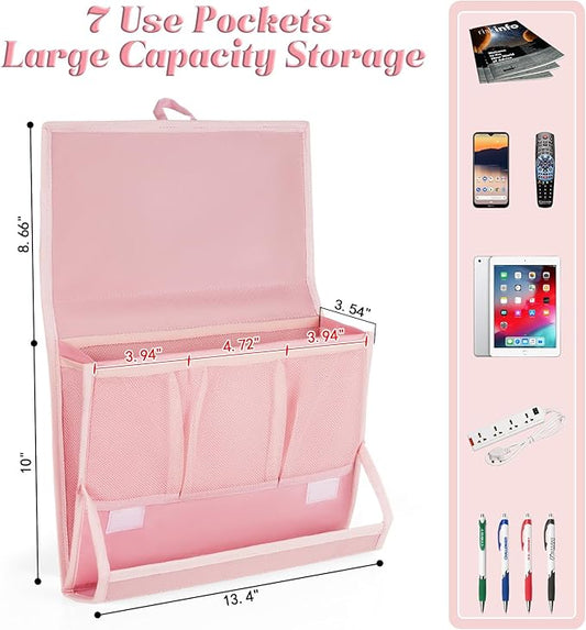Retyion Bedside Caddy Bedside Storage Organizer Bedside Organizer with Power Strip Holder and 2 Adjustable Straps for Home Bunk Bed Dorm Sofa (Pink)