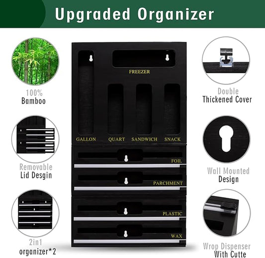 9 In 1 Storage Bag Organizer And Plastic Wrap Dispenser With Cutter, Bamboo Foil and Plastic Wrap Organizer