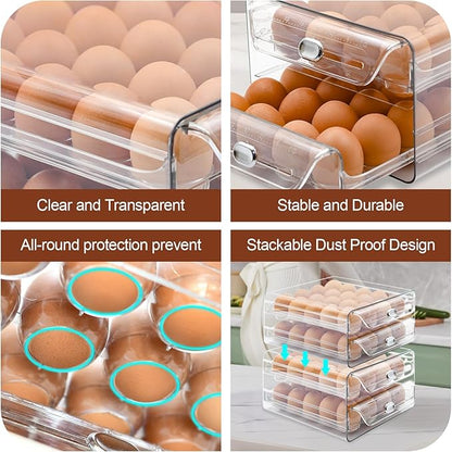 Egg Holder for Refrigerator,40 Eggs Clear Drawer Organizer,2 Layer Stackable Egg Holder Egg Trays,Egg Storage Container with Time Scale for Fridge Countertop Cabinet