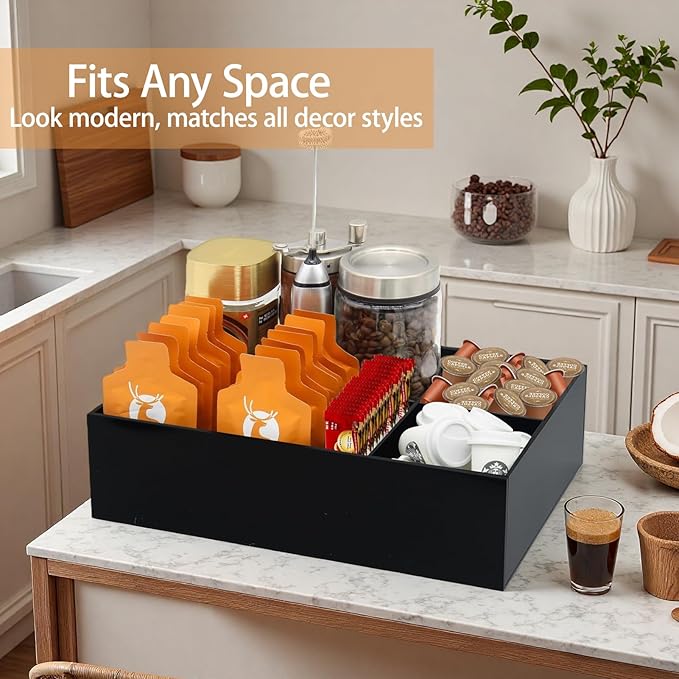 Coffee Station Organizer for Countertop, Removable Dividers Coffee Bar Accessories for Storage Sugar Packets Tea Bags, Black