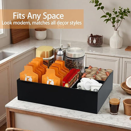 Coffee Station Organizer for Countertop, Removable Dividers Coffee Bar Accessories for Storage Sugar Packets Tea Bags, Black