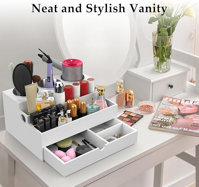 QooWare Hair Tool Organizer, Wood Hair Dryer Holder with Drawer & 3 Stainless Steel Cups, Versatile Bathroom Vanity Storage for Hair Styling Tools, Hot Tools, Brushes and Cosmetics - White