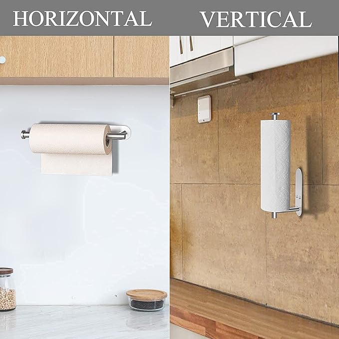 Paper Towel Holder Under Cabinet - Wall Mount Paper Towel Holder Self Adhensive Easy Tear Bathroom Wall Mounted Horizontal or Vertical SUS304 Stainless Steel (Silver)