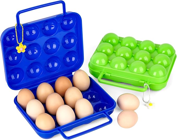 2 PCs Portable Egg Carrier with Handle, 24 Grids Egg Container for Camping, Travel, Outdoor Hiking, Picnic(Green and Blue) Gift: 2 x Flowers