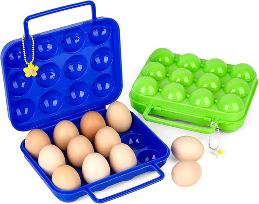 2 PCs Portable Egg Carrier with Handle, 24 Grids Egg Container for Camping, Travel, Outdoor Hiking, Picnic(Green and Blue) Gift: 2 x Flowers