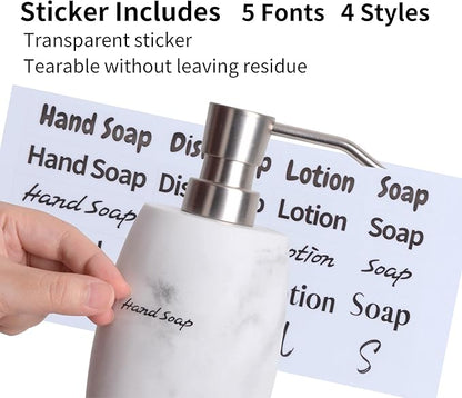Clasin Home Resin Hand Soap Dispenser, Refillable Soap Dispenser with White Marble Look and Metallic Pump, Waterproof Bottle Labels for Bathroom Kitchen Dish Hand Wash Shower Lotion Shampoo (12 Oz)