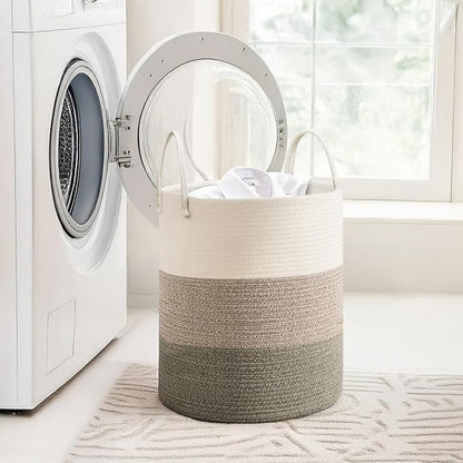 Cotton Rope Basket,Large Blanket Basket for Living Room,Woven cotton rope laundry baskets，For Bathroom Dirty Clothes ，Nursery Toys，pillow storage organization, 80L,Brown and white.
