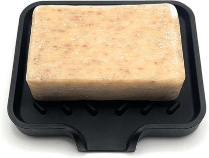 Happitasa Silicone Soap Dish Tray and Sponge Holder with Drain Chute and Feet | 3-Way Sloped Design | Bathroom and Kitchen Sink Organizer Caddy (Black, 5"x4")
