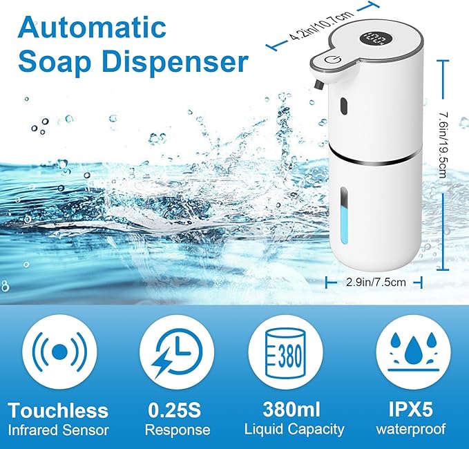 OHIFAST Automatic Liquid Soap Dispenser Touchless, USB Rechargeable Smart Hand Soap Dispenser, 6-Level Adjustable, 12.8oz/380mL Wall Mounted for Bathroom Kitchen Dish Soap-White