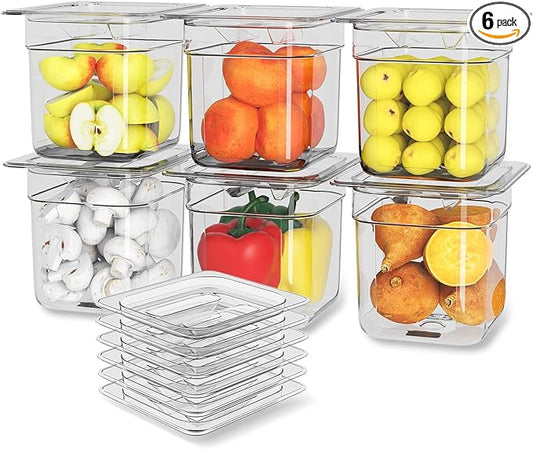 HNEDSEN 6 Pack Plastic Food Pan with Lid 1/6 Size 6 Inch Deep Restaurant Clear Food Storage Containers Polycarbonate Commercial Hotel Pans for Fruits Vegetables Beans Corns (6 PCS, 6'' Deep)
