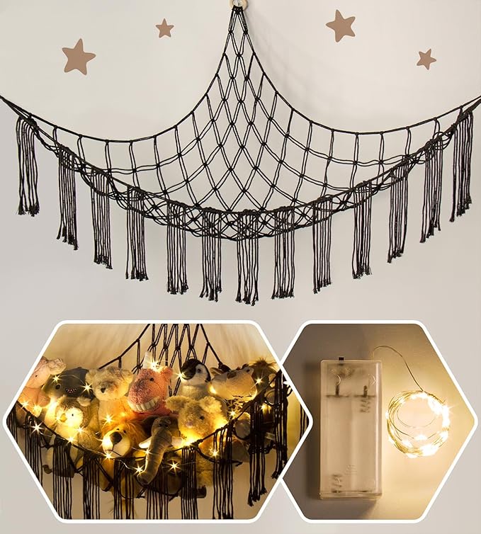 Macrame Stuffed Animal Hammock Corner with LED Light - Black Toy Storage Hammock Plushie Net Organizer Display - Teddy Bear Stuffy Hammocks - Boy Bedroom Decor Cool