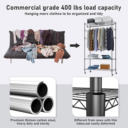 Heavy Duty Clothes Rack, Adjustable Rolling Garment Rack with Shelves, Freestanding Wardrobe Rack 1 Clothes Hanging Bar, 3 tired Wire Shelving, 4 Hanger Hooks - Hold Up to 400Lbs (Black, 1Rod 4Hook)