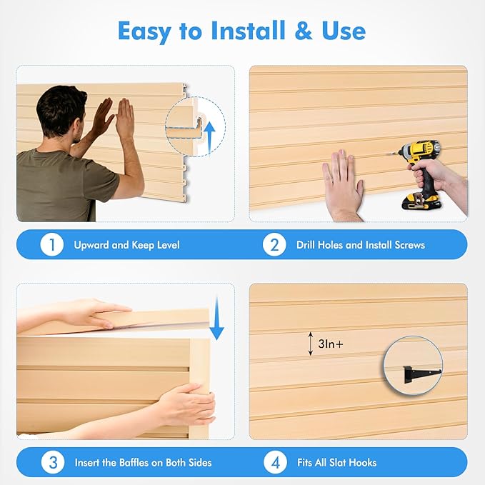 [4x2 Ft²] PVC Slat Wall Paneling, Adjustable Slatwall Panels with Coupling Structure, Slatted Wall Panel System with Customizable Storage Options, DIY Cutting & Easy-to-Install Slatwall Board Shelves
