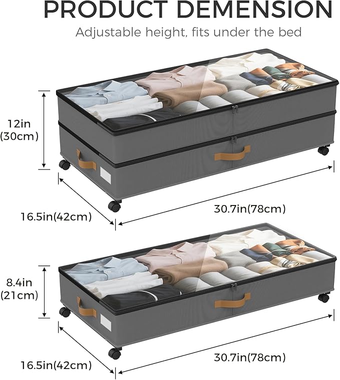 BETBEM Under Bed Storage with Wheels 4-Pack, 75L XXL Under the Bed Storage Containers Large, 12" Tall Adjustable Storage for Underbed with Lids, Rolling for Shoes, Clothes, Blankets (4PCS-Grey)
