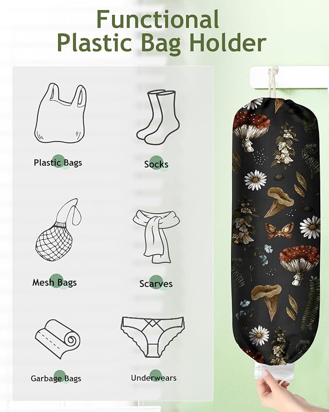 Plastic Bag Holder, Grocery Bag Organizer - 1 Pack Cute Kitchen Dispenser Holders Reusable Shopping Western Hanging Wall with Adjustment Drawstring Closure for Women Home, Plants