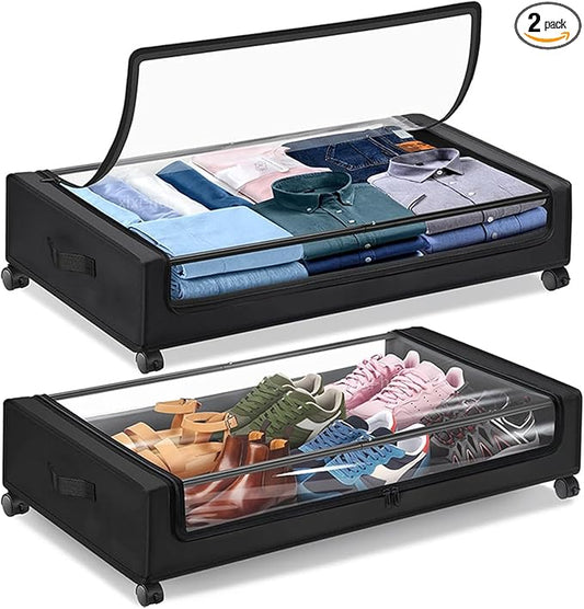 Under Bed Storage with Wheels,2 Pack Rolling Under Bed Storage Bins with Clear Lids and Handles,Underbed Shoe Storage Organizer,UnderBed Storage Containers for Clothes (Rectangular,Black)