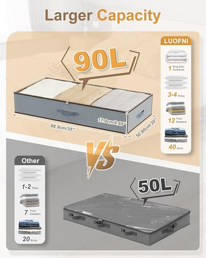 LUOFNI Large Under the Bed Storage,[2 Pack/Upgraded Bottom fabric] Carpet-Friendly Design Under Bed Storage Containers with Sturdy Sidewalls,Foldable under bed organizer for Clothes,Blankets,Sweater