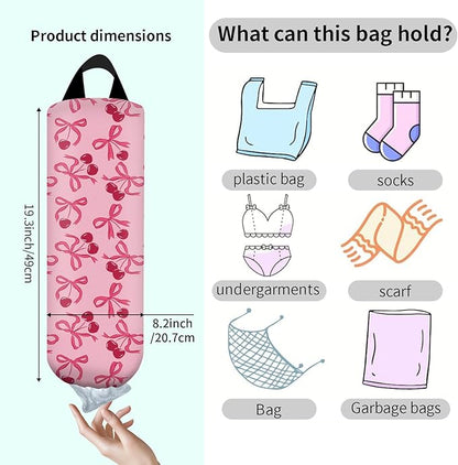 Plastic Bag Holder, Wall Mount Grocery Bag Organizer, Funny Hanging Trash Bag Storage Dispenser for Home Kitchen Cute Pink Bowknot