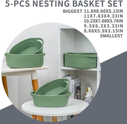 CubesLand Small Cotton Rope Storage Basket Set 5, Shelves Baskets for Organizing with Handle, Decorative Closet Storage Bins for Countertop Toilet Paper Basket for Toilet Tank Top,Green Basket