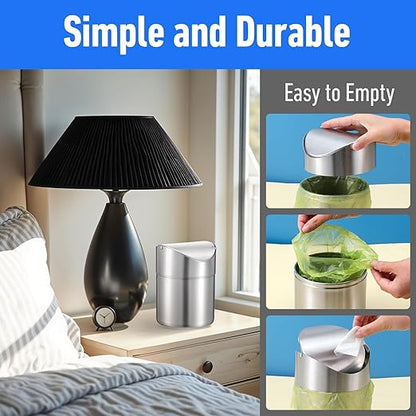 MAQUITA 2 Pcs Desk Trash Can with Swing Lids, 2L Brushed Stainless Steel Countertop Garbage Bin Small Wastebasket with Lid for Office Desk, Coffee Table
