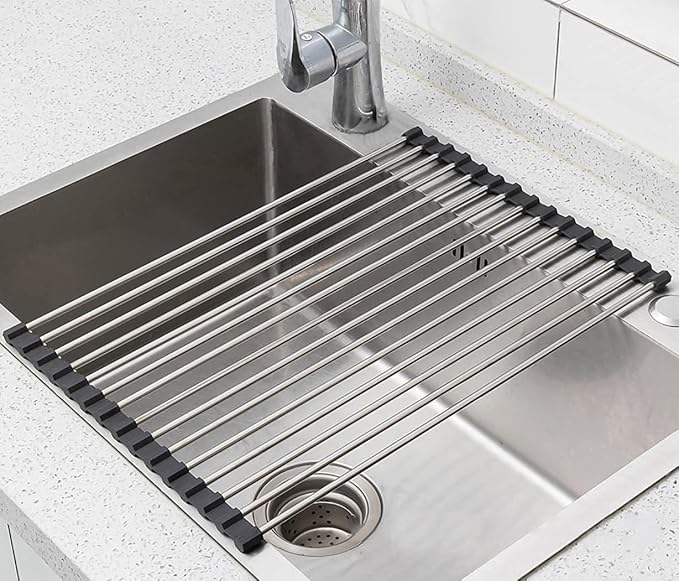 Ahyuan Roll Up Dish Drying Rack Multipurpose Kitchen Dish Rack Roll Over The Sink Dish Drying Rack Portable Rolling Dish Drainer For Kitchen Sink RV Accessories (Black, 17.7''X11.2'')