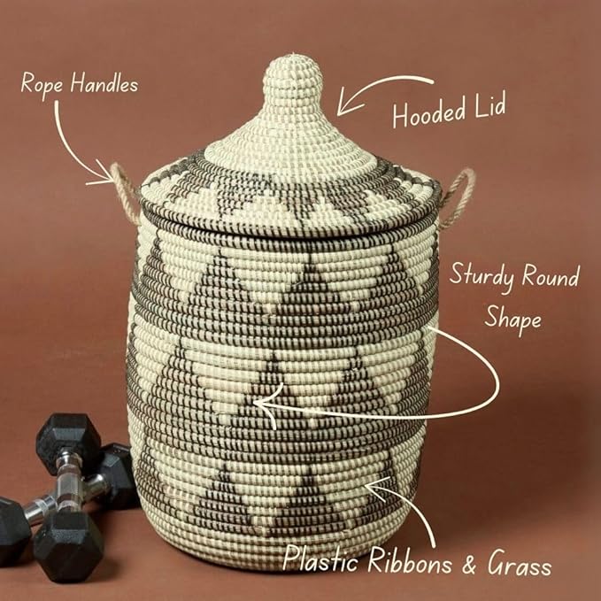 Small Storage Basket, Organizing, Storage, Wicker, Woven, With Lid, Handles, 12" Wide, 14" Tall (Black Beige)