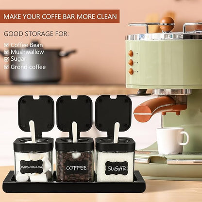 Suclain 3 Pcs Glass Coffee Containers Coffee Station Organizer Set, Airtight Bean Storage Jars with Shelf,labels,spoon, Base and Pen,for Sugar, Candy, Oats, Nuts (Black)