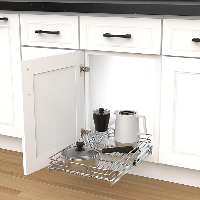 Pull Out Cabinet Organizer, Heavy-Duty Metal Sliding Drawer Shelf for Kitchen Cabinets, Chrome, Doesn't Include Door Fittings (17 * 21 IN)