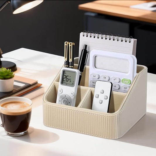 ACUDUDOMA PU Leather Remote Control Organizer Holder, 4-Compartment Small Desk Organizer, All-in-One Desk & Nightstand Caddy for Remotes, Phones, Glasses & Office Accessories