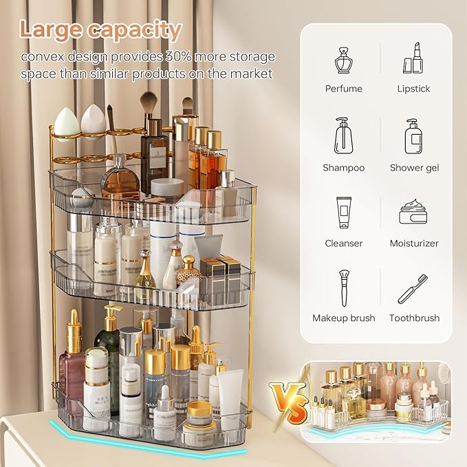 ZZWILLB Corner Bathroom Counter Organizer with Makeup Brush Holder & Toothbrush Holders, Makeup Organizer for Vanity Countertop, Acrylic Skincare Storage Shelf (Grey, 3-Tier)