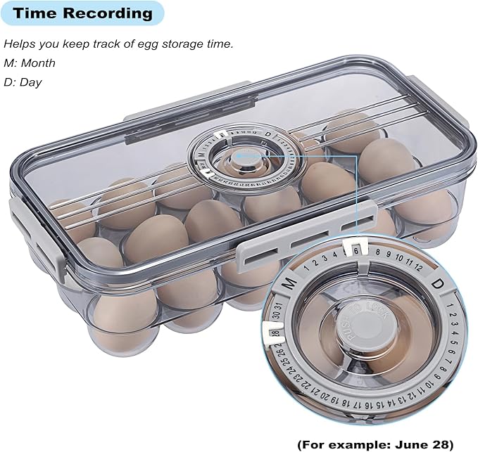 BSTKEY Egg Holder for Refrigerator, Egg Container with Time Scale, Egg Holder with Lid for Kitchen Storage, Stackable Tray for 18 Eggs