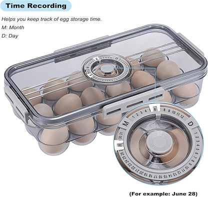 BSTKEY Egg Holder for Refrigerator, Egg Container with Time Scale, Egg Holder with Lid for Kitchen Storage, Stackable Tray for 18 Eggs
