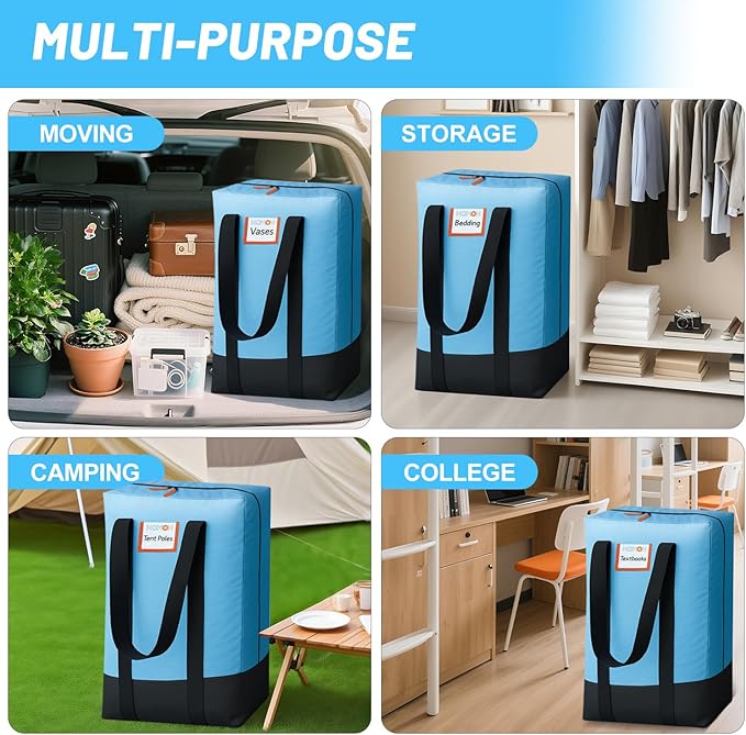2 Pack Moving Bags, Heavy Duty Storage Bags with Zipper, Extra Large Packing Bags with Internal Compression Straps, Wrap Around Handles, Alternative to Moving Boxes, Blue and Black