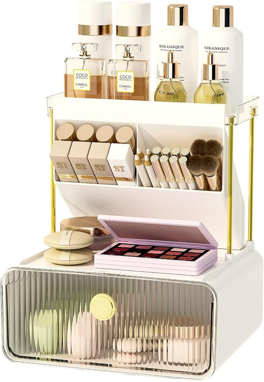 FOLLOWIN Bathroom Counter Organizer with Drawer,Dresser Top Organizer with Make Up Brush Holder,Makeup Shelf,Vanity Organizers,Cosmetic Perfume Organizer,Clear