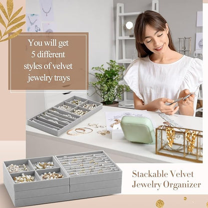 Set of 5 Stackable Jewelry Organizer Trays for Drawer 14 Inch Velvet Jewelry Drawer Insert Display Storage with Removable Divider for Necklace Earring Ring Watch Bracelet (Gray)