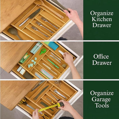 Bamboo Drawer Organizer – Expandable 9 Slot Silverware & Utensil Tray for Kitchen, Office & Kitchen – Fits 13”–19.6” Drawers, Natural Bamboo Wood, Deep Compartments - Durable & Eco-Friendly