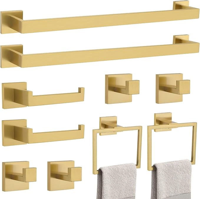 10-Piece Bathroom Hardware Accessories Set-Brushed Gold Towel Bar, Holder & Racks-SUS304 Stainless Steel-Wall Mounted,23.6-Inch