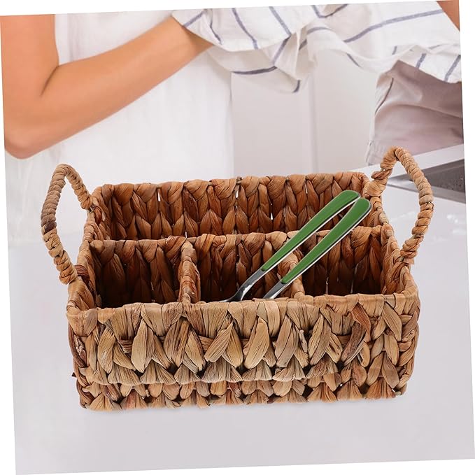 Storage Basket Lid Cutlery Organizer Hyacinth Woven Silverware Organizer Snack Basket