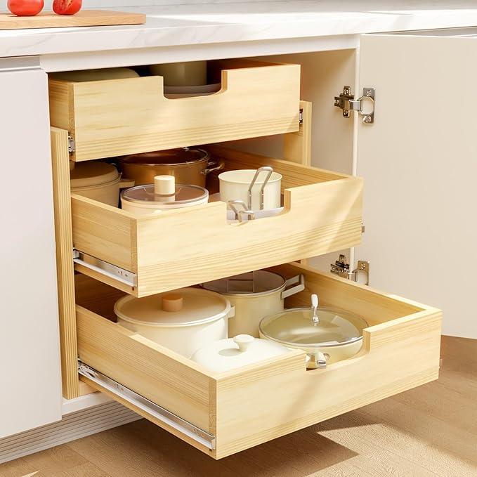Pull Out Cabinet Organizer, 14''W×21''D Sliding Drawers for Cabinets, 3 Tier Soft Close Slide Out Wooden Pull out Drawers, Base Cabinet Organization for Kitchen, Pantry, Bathroom